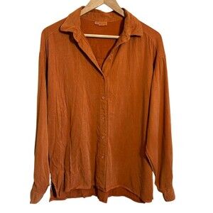 Tianello Camp Shirt Blouse Top L Orange Tencel Rayon Button Up Long Sleeve